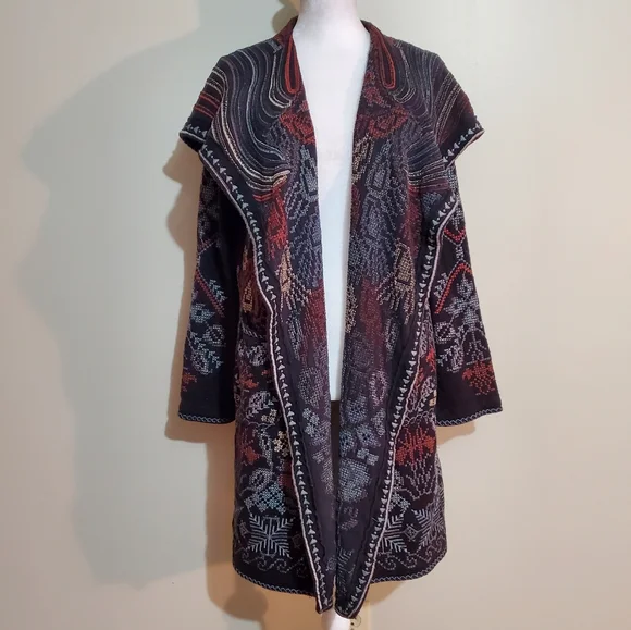 Johnny Was Biya cotton/wool blend black embroidered hooded cardigan sweater. S. - Picture 2 of 14